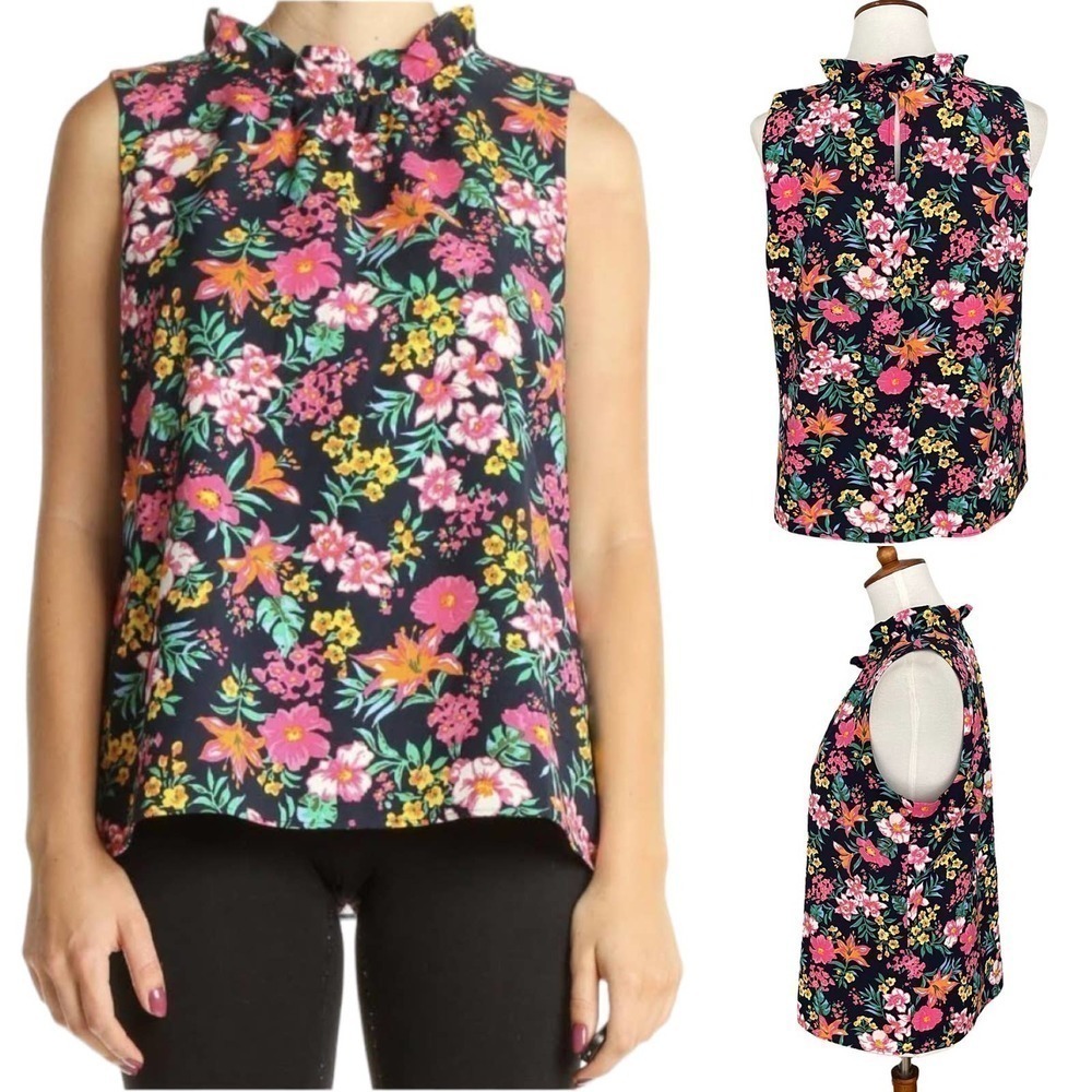 🍀J . Crew Multicolored Tropical Print Sleeveless Ruffle Neck Blouse Top Size M